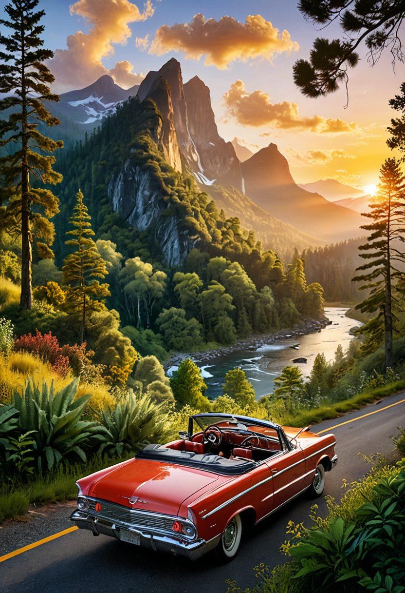 A breathtaking landscape featuring winding backroads flanked by lush forests and towering mountains, with a vintage convertible car parked beside a scenic overlook. A person, dressed in adventurous outdoor gear, gazes at a sunset, map in hand, ready to explore. In the background, hints of hidden trails and wildlife peek through the foliage. Adventure awaits! super-realistic. vibrant colors. adventurous atmosphere.