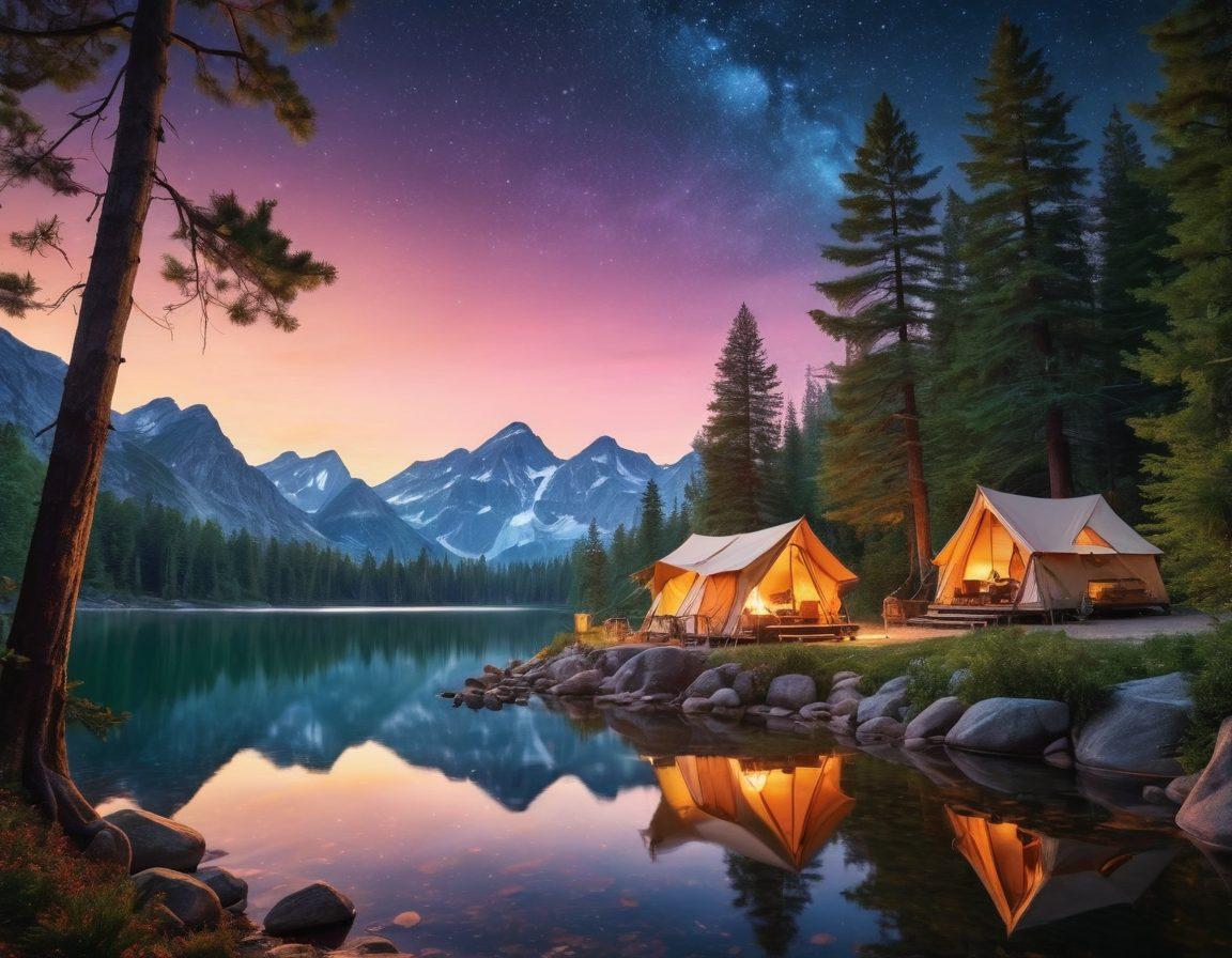 A stunning landscape showcasing a serene wilderness scene, featuring a cozy glamping tent adorned with fairy lights, surrounded by tall pine trees and a shimmering lake. In the foreground, a campfire crackles with silhouettes of adventurous campers roasting marshmallows under a starry sky. Lush greenery and mountains create a dramatic backdrop. super-realistic. vibrant colors. cinematic lighting.
